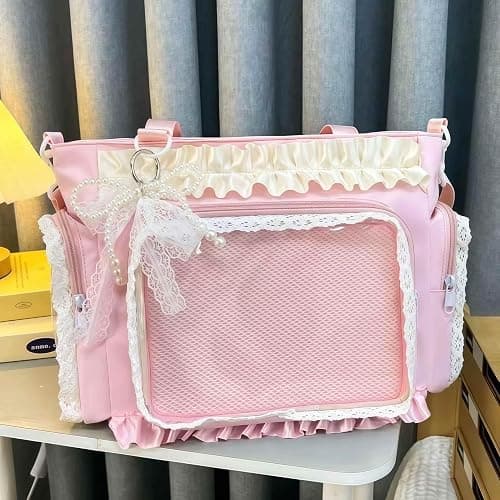 ita crossbody tote bag, pin display with Insert large messenger bag, cute tote bag with zipper ruffle, japanese aesthetic y2k thumbnail 4