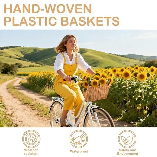 Bike Basket Front,Hand-Woven Bicycle Basket for Adult Bikes with Leather Straps, Easy Detachable,30 * 24 * 19cm thumbnail 2