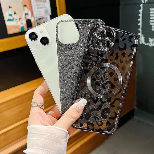 ZONRW for iPhone 14 Plus Case Magnetic,Soft Cute Luxury Leopard Cheetah Pattern Plating Glitter Bling Phone Case Compatible with MagSafe Clear Shockproof Back Cover for Women Girl 6.7"-Black thumbnail 5