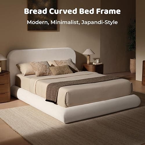 RECCI Airframe Bread Queen Curved Cloud Platform Bed Frame | Fully Cushioned Foam Arched Panels and Soft Rounded Headboard, Easy to Assembly, Beige Chenille Fabric for Aesthetic Bedrooms thumbnail 7