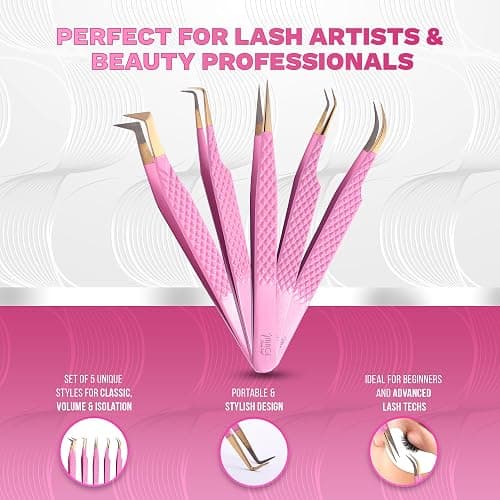 5 Pcs Fiber-Tip Japanese Steel Lash Tweezer Set with Leather Case, Professional Eyelash Tweezers for Lash Extensions – Titanium Coated, 90 & 45 Angled, Precision Pointed Tweezers (PINK) thumbnail 4