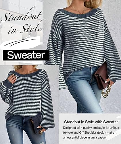 MARZXIN Women's 2025 Fall Long Sleeve Sweaters Casual Loose Striped Off Shoulder Casual Oversized Knitted Sweater Pullovers thumbnail 4
