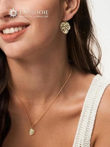 Unimooie 18k Gold Plated Vibe Monstera Leaf Earrings for Women Gold Lightweight Boho Leaves Hook Drop Dangle Party Gift thumbnail 3