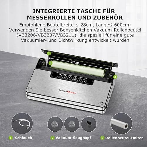 Bonsenkitchen Vakuumierer, 125W Vakuumiergerät mit 5 Modi, 8 L/Min | Globefish-Technologie für Kontinuierliches Arbeiten mit Hoher Geschwindigkeit, 5 Vakuumbeutel und 1 Rollbeutel thumbnail 7