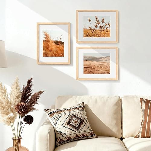 upsimples 11x14 Picture Frame Set of 3, Natural Solid Wooden Picture Frames, Display 8x10 with Mat or 11 x 14 Without for Vertical or Horizontal Wall Hanging thumbnail 2