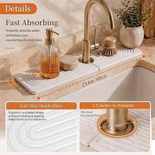6-Pack Large Stone Dish Drying Mat for Kitchen Counter 23”x15” - Quick-Dry Absorbent Diatomaceous Earth Mat Set - Stone Faucet Mat 4"x23" + 3 Stone Trays 4"x8", 4"x4"+ Bamboo Palm Brush (White) thumbnail 9
