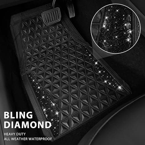 CAR PASS Bling Diamond Car Mats Rubber Floor Mats Full Set Anti-Slip 3D Rhombus Waterproof Trim to Fit Liner Universal Glitter Crystal Sparkly Shining Rhinestone Girl Women SUV Sedan, Black Diamond thumbnail 2