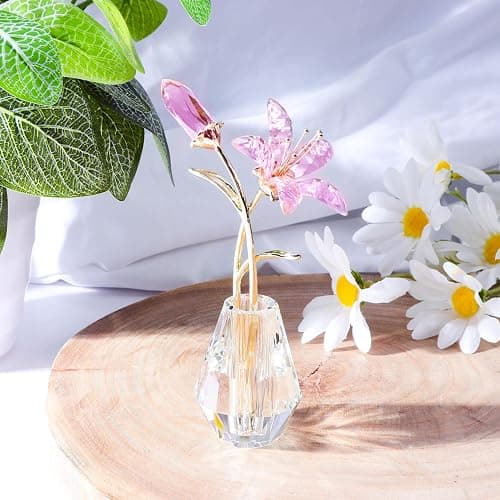 YWHL Crystal Lily Flower Figurine with Vase, Handmade Pink Glass Lily Flower Gifts for Woman, Wedding Gifts for Couple, Home Party Decorations (Pink) thumbnail 7