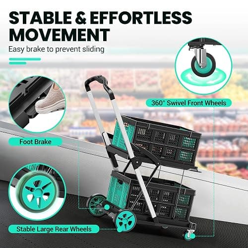 Collapsible Shopping Cart, 8-in-1 200LBS Multi Functional Utility Cart with 2 Storage Crate, Adjustable Handle Grocery Cart on Wheels for Shopping/Warehouse/Office/Supermarket - Blue thumbnail 3