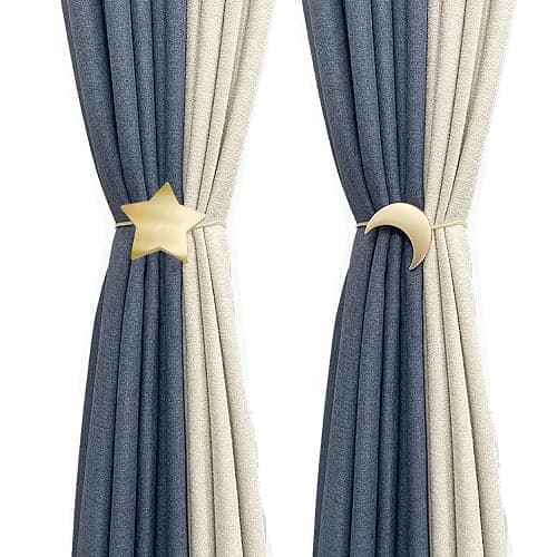 Magnetic Curtain Tiebacks Clips Decorative Rope Holdbacks 1 Pair Gold Moon and Star Shape Window Curtain Drape Tie Backs for Window Draperies Hold, Bedroom Home Décor (1pc Moon +1pc Star) thumbnail 5