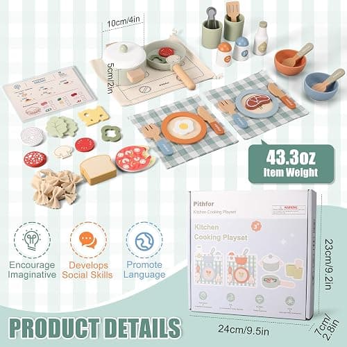 Pithfor Wooden Play Cooking Set, Pretend Play Kitchen Accessories Toys Set for Kids Toddlers, Including Play Dishes, Pot and Pan, Utensils, Gifts for 3 4 5 Years Old Girls Boys thumbnail 3