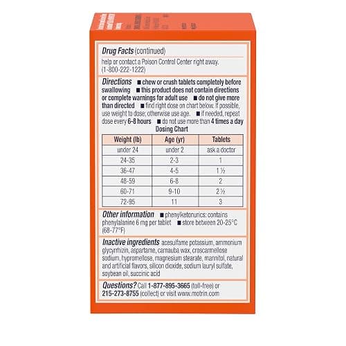 Motrin Children's Dye-Free Chewable Tablets with Ibuprofen, Kids' Fever Reducer & Pain Reliever for Sore Throat, Fever, Toothache & Pain Relief, Grape Flavor, 24 Ct thumbnail 8