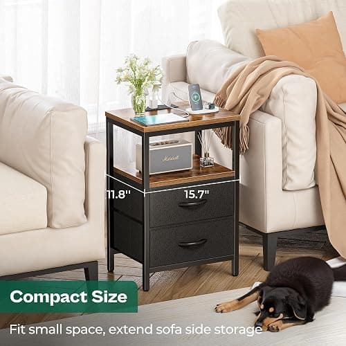 Huuger Nightstand with Charging Station, Side Table with Fabric Drawers, End Table with Open Shelf, Bedside Table with USB Ports and Outlets, Night Stand for Bedroom, Rustic Brown and Black thumbnail 6