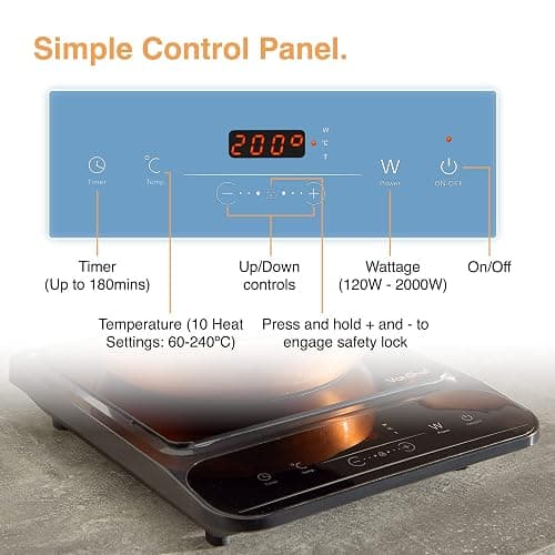 VonShef Single Induction Hob – 2000W Portable Induction Cooker w/LED Touch Display, 3 Hour Timer, 10 Heat Settings 60-240°C, Safety Lock - Black - Single thumbnail 5