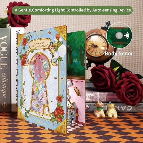 Tonecheer DIY Book Nook Kit for Adults,3D Wooden Puzzle Bookend Bookshelf Insert Library Decor, Booknook Miniature House Kit with Body Motion Sensor LED Light (Alice in Wonderland) thumbnail 4