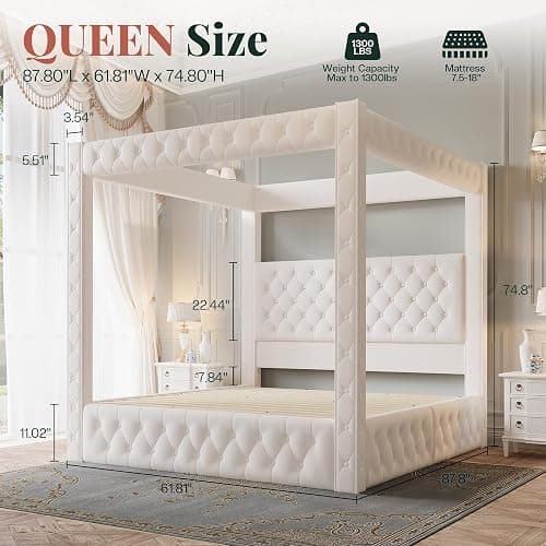 Jocisland Queen Canopy Bed Frame Velvet Upholstered Headboard, Cream | 74.8" Tall Four Poster, Deep-tufted velvet, 51.2" headboard, USB-A & USB-C outlets, No box spring needed, 45-min assembly thumbnail 2