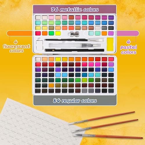Caliart 128 Colors Watercolor Paint Set, Portable Travel Watercolors Palette Kit, with Metallic Color, Detail Painting Brushes, Water Brush Pens, Art Supplies Coloring Drawing Gifts for Adults Artists Teen Girls Boys Beginners thumbnail 5