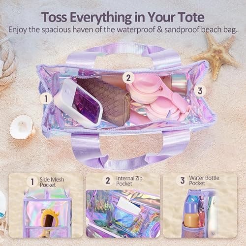 Beach Bag 26L Large Iridescent Waterproof Beach Tote Bag for Women with Zipper & Phone Pouch Sand/Tip-Proof Crossbody thumbnail 4