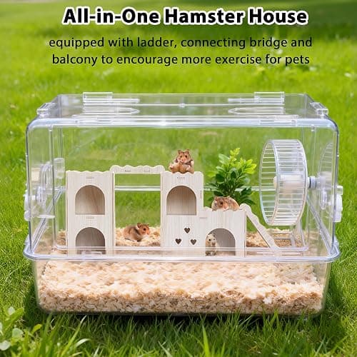 Jevnd Large Hamster Hideout, Wooden Double-Decker Castle with Climb Ladder | Multi Chamber Gerbil Habitat House, With Ladder, Bridge & Balcony, Offers Ample Space for Multiple Hamsters to Explore & Play thumbnail 3