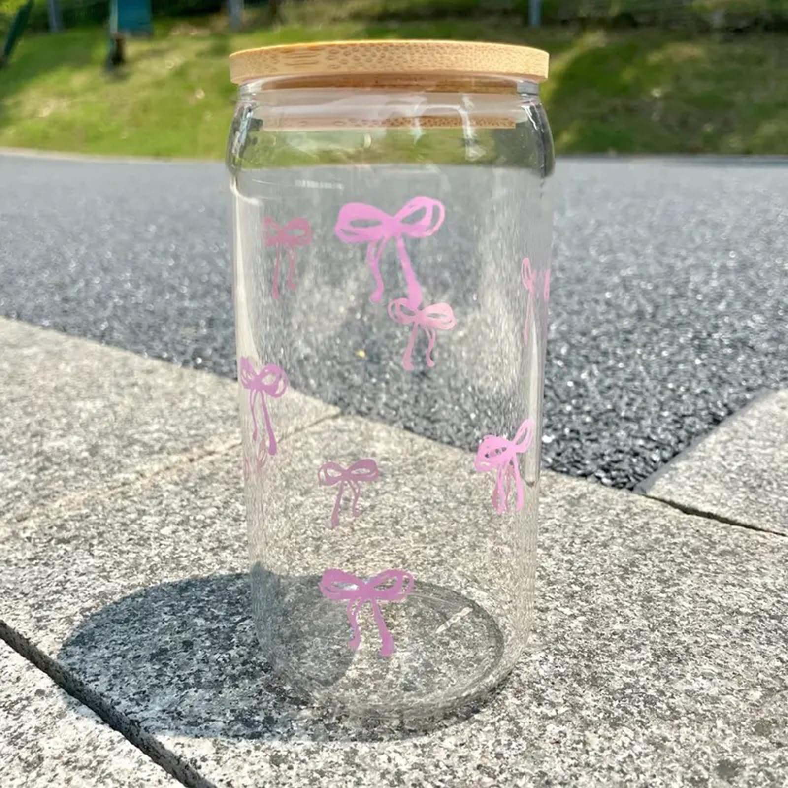 Pink Bow Tumbler with Straw and Lid Aesthetic Glass Cups Iced Coffee Cup Pink Cute Glass Cups 17oz Tumbler Smoothie, Gifts for Girls Women Friends, 520ml thumbnail 5