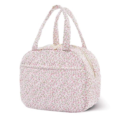 WOBAGMEN Quilted Lunch Box for Women,Cute Pink Floral Lunch Bags for Work, School,Office,Picnic,Travel (pink floral) - Image 1