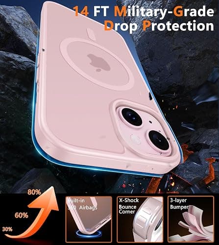 FNTCASE for iPhone 15 Case: for iPhone 14 & iPhone 13 Case | Magnetic Frosted Translucent Slim Shockproof Cell Phone Cover | Military Grade Protection Drop Proof Tough Protective Cases-LightPink 6.1” thumbnail 6