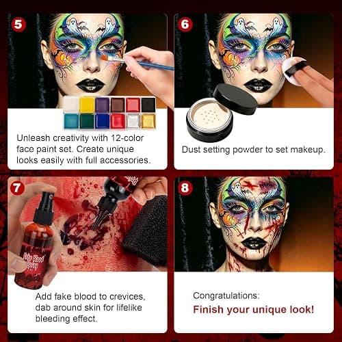 Halloween SFX Makeup Kit 24pcs for Adults Zombie Vampire Cosplay | 3 Kinds of Fake Blood+Scar Wax+Oil Face Paint Kit, Setting Powder, Brushes, Sponges, Professional Special Effects Makeup Kit thumbnail 4