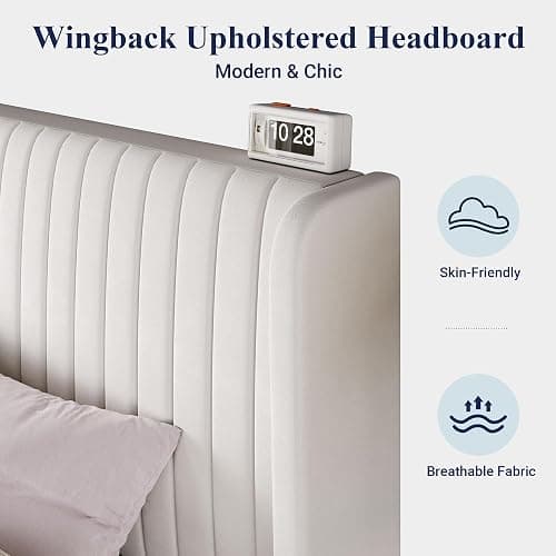 Allewie Queen Size Velvet Bed Frame/Vertical Channel Tufted Wingback Headboard/Upholstered Platform Bed/Strong Wooden Slats/No Box Spring Needed/Easy Assembly/White thumbnail 5