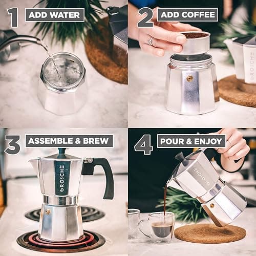 GROSCHE Milano Stovetop Espresso Maker Moka Pot 6 espresso Cup - 9.3 oz, Silver - Cuban Coffee Maker Stove top coffee maker Moka Italian espresso greca coffee maker brewer percolator - 6 espresso cups - Silver thumbnail 6