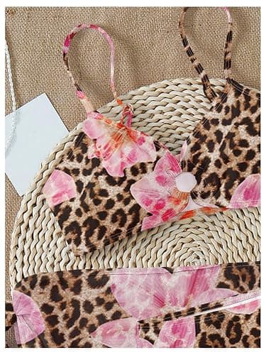 RoseSeek Girls 3 Piece Bikini Set with Beach Skirt Floral Leopard O-Ring Padded Swimsuit for Teen Girls thumbnail 4