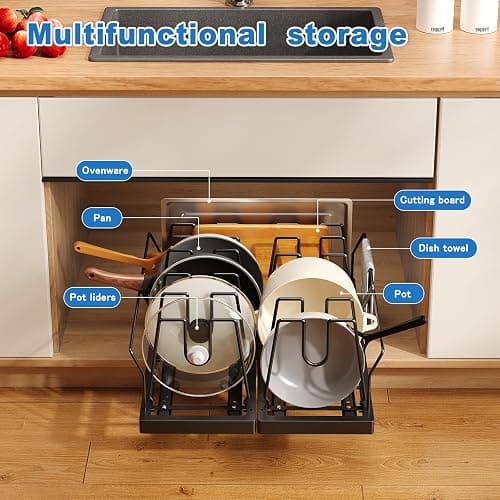 Mustorn 2 Pack Pots and Pans Organizer Under Cabinet, 21.6" Deep Pull Out Pot Lid Organizer Holder with Guardrail Adhesive Pot and Pan Holder Rack with 10 Adjustable Dividers(Black) thumbnail 3