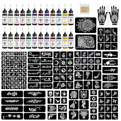 Temporary Tattoo Kit with 24 Bottles 12-Color Ink, 155 Tattoo Stencils | DIY Fake Tattoos for Adults, Men, Women, Teens, Perfect for Parties, Festivals, Body & Hand Painting - Image 1