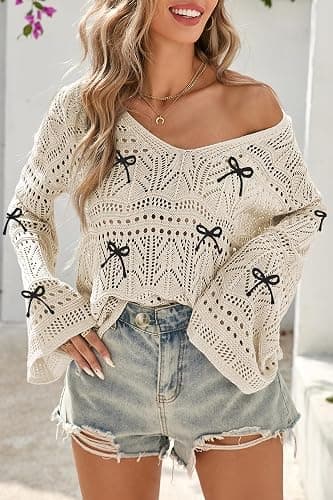 Cakulo Womens Summer Fall Crochet Bell Sleeve Tops Off The Shoulder Knit Sweater Top Fashion Beach Cover Up thumbnail 2