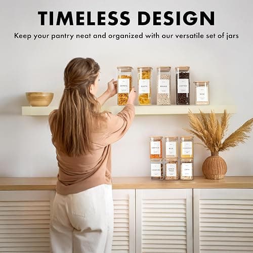 Square Glass Storage Containers with Bamboo Lids 12-Pack (4x 30 oz, 8x 17 oz) Airtight Storage Jars with Lids for Food, Stackable Kitchen Canisters with 114 Labels for Pantry [Thicker Glass 3mm] thumbnail 7