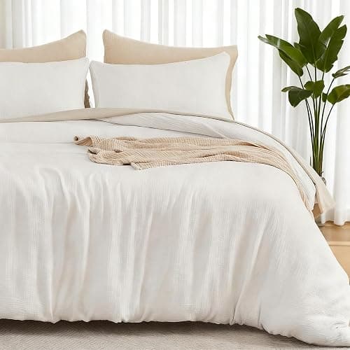 EMME Cream White Muslin Duvet Cover Queen Size, 100% Cotton Soft Gauze Bedding Set with 2 Pillowcases, Breathable Lightweight All Season Comforter Cover with Zipper & Corner Ties, 90"x90" - Image 1