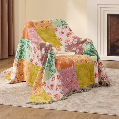 RILIHO 100% Cotton Boho Throw Blanket for Home Decor – Classic Farmhouse Quilt Bedding, Muslin Blankets for Adults, Vintage Woven Decorative Blanket for Couch, Bed Layering Use, Patchwork, 50"x60" thumbnail 2