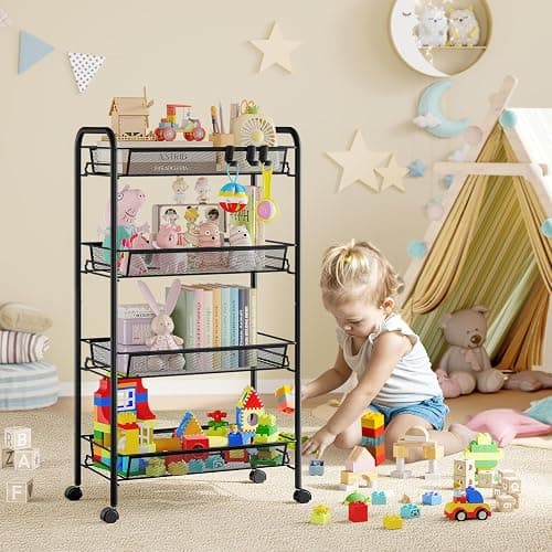 TOOLF 4-Tier Rolling Cart, Metal Utility Cart with 3 Hooks, Easy Assemble Mobile Storage Trolley On Wheels, Metal Shelving Units Kitchen Bathroom Laundry Room thumbnail 2