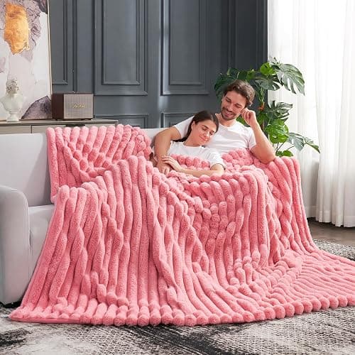 Cozy Bliss Faux Fur Throw Blanket for Couch, Cozy Warm Plush Striped Blanket for Sofa Bedroom Living Room, 50 * 60 Inches Hot Pink thumbnail 3