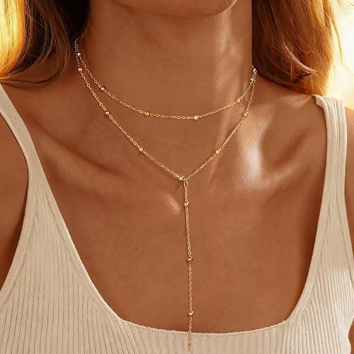 Fnionvn Necklace for Women 18K Gold Plated Stainless Steel Necklace Non Tarnish Layered Necklaces Long Gold Necklace Stack Trendy Y-shaped Charm Necklace Summer Gifts for Women thumbnail 2