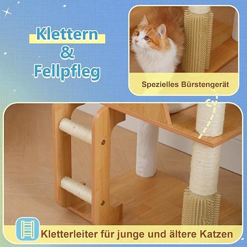 Hey-brother Holz Kratzbaum, 184cm Katzenbaum für Großkatze, mehrstöckiger Stabil Katzenkratzbaum Mit Grosse Plattformen, Korb, Katzenhöhle, Kämmmaschine und Leiter, Noyer EMPJ121WB thumbnail 7