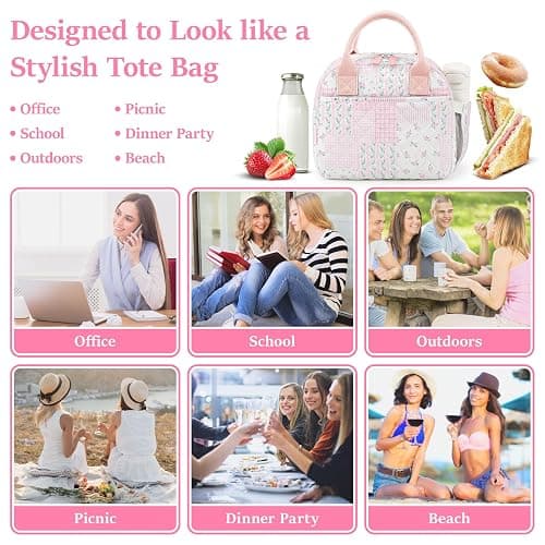 WOBAGMEN Quilted Lunch Box for Adult Women,Cute Floral Insulated Lunch Tote with Front Zipper Pocket, Aesthetic Coquette Style Reusable Lunch Box Bag for Work Gym Travel Picnic (pink hua pin, M) thumbnail 7