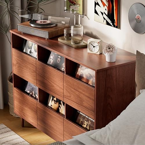 BROTTAR 47.2" Large Record Player Stand, Vinyl Record Storage Cabinet,Brown | Fit 7“/10"/12" Vinyl Record, Mid Century Turntable Stand, Media Cabinet with 6 DVD Drawers for Living Room, Music Corner thumbnail 7
