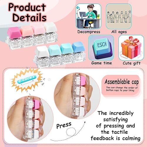 2 PCS Keyboard Fidget Toy, Keyboard Fidget Keychain 4-in-1 Keyboard Decompression Button Finger Clicker Toys, Button Stress Relief Fidget Gifts to Relief Stress (Blue Pink) thumbnail 3