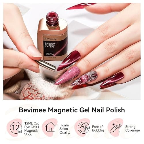 Bevimee Red Cat Eye Gel Nail Polish, Burgundy Red Magnetic Gel Polish | Moonlight Cateye Gel Polish With Magnet Wine Red Holographic Shimmer UV Velvet Manicure Salon DIY Home, 12ML thumbnail 6