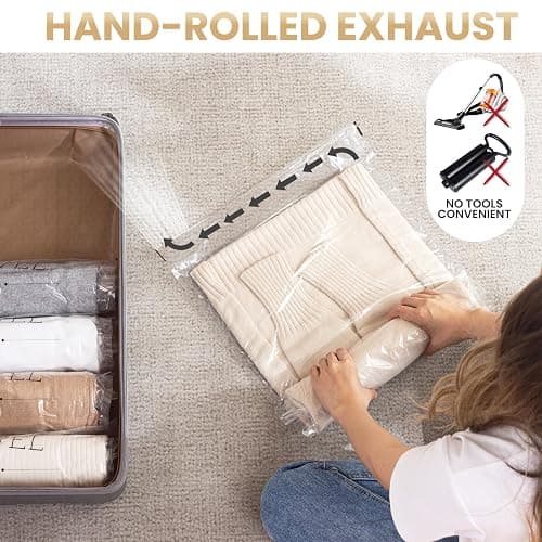 TAILI 12 Pack Travel Compression Bags, Roll Up Space Saver Bags (6 Large+6 Medium), No Vacuum Needed Reusable Packing for Luggage, Suitcase, Backpack, Travel Essentials, Clear thumbnail 4