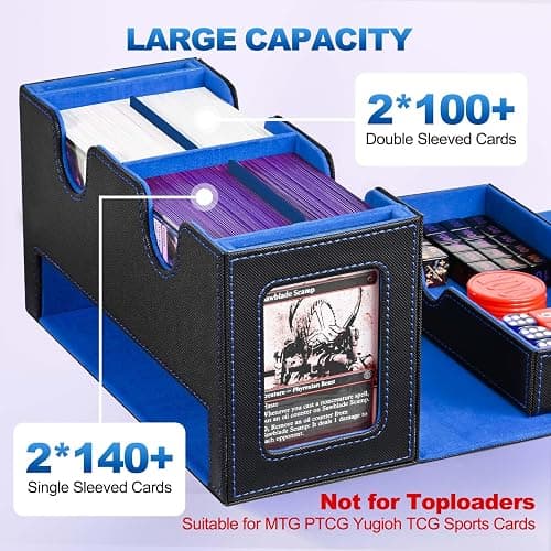UAONO Card Deck Box for MTG, Double Deck Storage Box with 2 Commander Display & 1 Dice Tray, Fits 200+ Double Sleeved, Card Organizer for CCG TCG Sports (Black Blue) thumbnail 4