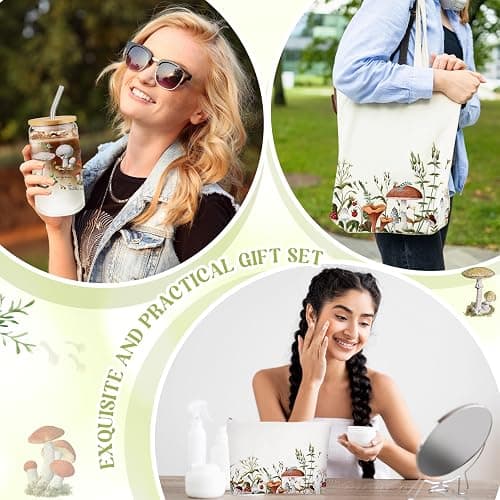 FoldTier 3 Pcs Plant Lover Gifts for Women, Thanksgiving Aesthetic Gifts for Mom, Grandma, Floral Canvas Tote Bag, 16 oz Coffee Cup with Straw Lid, Makeup Bag for Baby Shower, Wedding(White,Mushroom) thumbnail 5