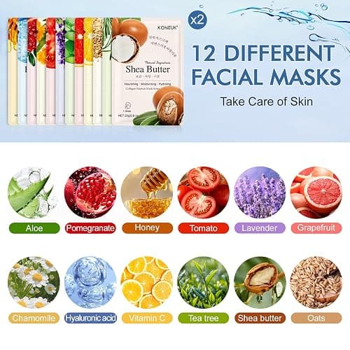 KONEUK 24 Pack Sheet Face Masks Skincare for Women, Hydrating Collagen Essence Face Masks Suitable for All Skin Types, Face Mask Gifts Set for Spa Party, Bulk Facial Masks for Women Skin Care thumbnail 2