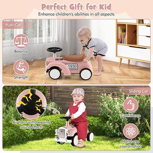 HONEY JOY Ride On Push Car, Outdoor Toddler Riding Toys w/Steering Wheel, Horn & Storage, Foot-to-Floor Sliding Car, No Batteries, Retro Baby Ride On Toys for Boys and Girls (Pink) thumbnail 7