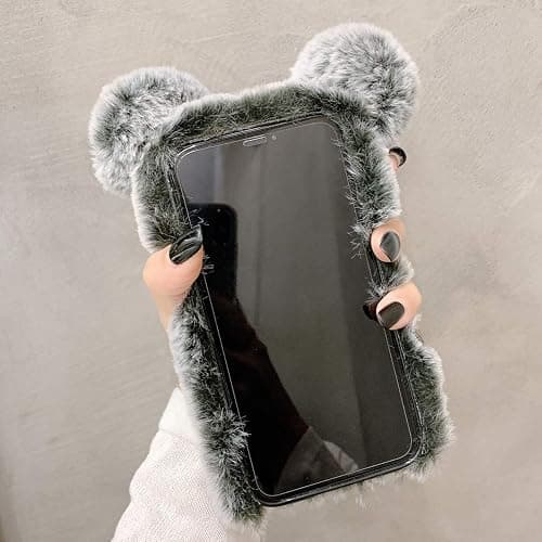 LUVI Compatible with iPhone 12 Plush Furry Case Fuzzy Fluffy Ball Rabbit Faux Fur Hair Cute Cartoon Bear Ear with Bling Glitter Diamond Camera Protection Cover Luxury Fashion Case Pink thumbnail 5